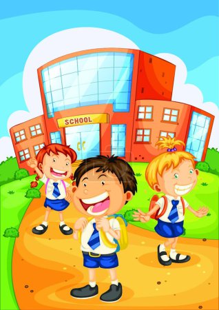 Illustration for Illustration of the kids in front of school - Royalty Free Image