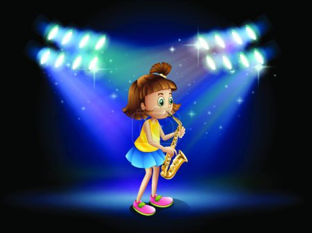 Illustration for "A young lady at the stage playing with her saxophone" - Royalty Free Image