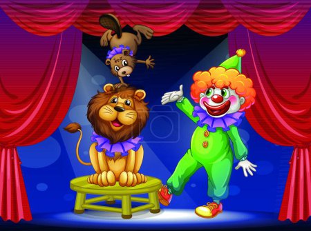 Illustration for A clown with animals at the stage - Royalty Free Image