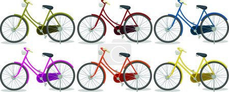 Téléchargez les illustrations : Six vélos colorés, illustration vectorielle design simple - en licence libre de droit