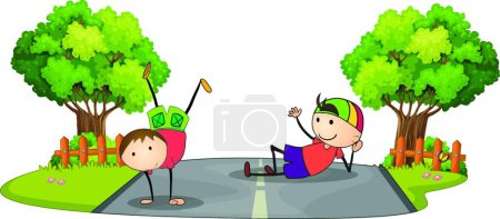 Téléchargez les illustrations : "Deux enfants jouant au milieu de la route
" - en licence libre de droit
