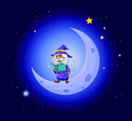 Téléchargez les illustrations : Magicien tenant un livre près de la lune, illustration vectorielle conception simple - en licence libre de droit