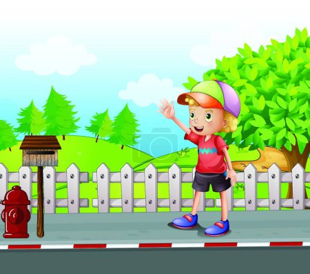 Illustration for Young boy waving near the mailbox at the road - Royalty Free Image