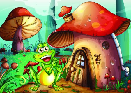 Illustration for Frog near the mushroom house, vector illustration simple design - Royalty Free Image