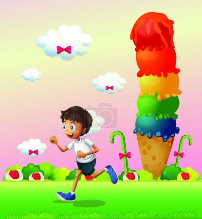 Illustration for Boy in a land full of sweets, vector illustration simple design - Royalty Free Image