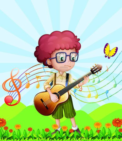 Illustration for Boy with his guitar at the hills - Royalty Free Image