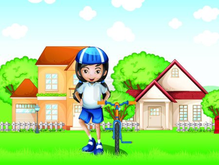 Téléchargez les illustrations : Fille souriante et son vélo près des grandes maisons - en licence libre de droit