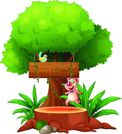 Ilustración de Un cerdo y un pájaro bajo el gran árbol - Imagen libre de derechos