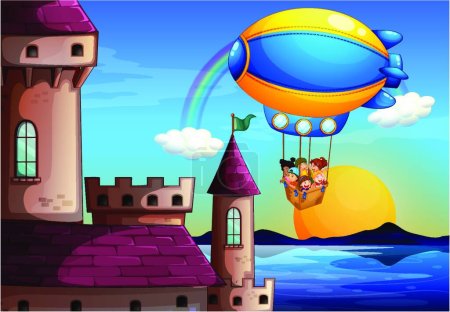 Ilustración de Globo flotante con niños yendo al castillo - Imagen libre de derechos