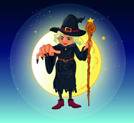 Illustration for Witch holding a stick standing at the center of a full moon - Royalty Free Image