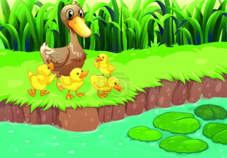 Téléchargez les illustrations : Mère canard avec ses canetons à la rivière, illustration vectorielle conception simple - en licence libre de droit
