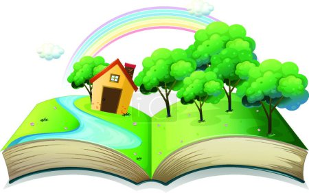 Téléchargez les illustrations : Livre avec l'histoire d'une maison à la forêt - en licence libre de droit