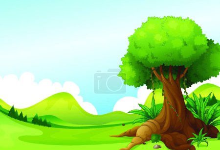 Téléchargez les illustrations : Grand arbre avec des plantes de vigne près des collines - en licence libre de droit