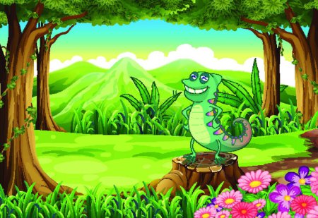 Illustration for Smiling lizard above the stump at the forest - Royalty Free Image