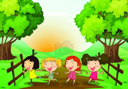 Ilustración de Cuatro señoras jóvenes jugando al aire libre, vector ilustración diseño simple - Imagen libre de derechos