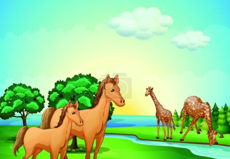 Téléchargez les illustrations : Chevaux et girafe près de la rivière, illustration vectorielle design simple - en licence libre de droit