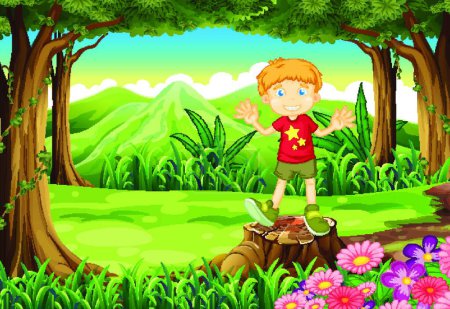 Illustration for Young man standing above the stump at the forest - Royalty Free Image