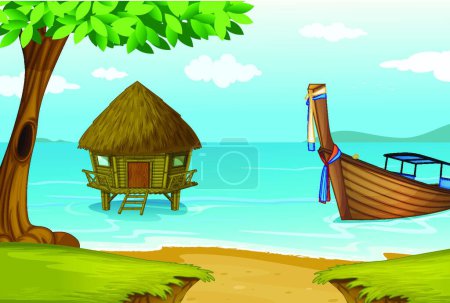 Ilustración de "Una playa con una casa de campo y un barco de madera
" - Imagen libre de derechos