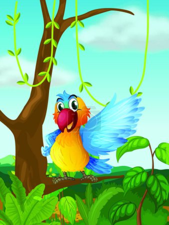 Illustration for Parrot at a branch of a big tree, vector illustration simple design - Royalty Free Image