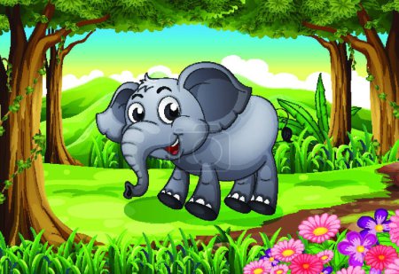 Ilustración de Elefante sonriente en el bosque, ilustración vectorial diseño simple - Imagen libre de derechos