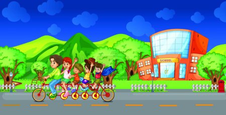Ilustración de Bicicleta familiar en frente de la escuela, vector ilustración diseño simple - Imagen libre de derechos