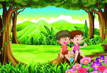 Illustration for Stump with two adorable kids, vector illustration simple design - Royalty Free Image