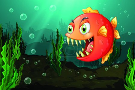 Téléchargez les illustrations : Piranha sous la mer avec des algues, illustration vectorielle design simple - en licence libre de droit