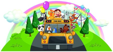 Téléchargez les illustrations : Bus zoo jaune sur la route, illustration vectorielle design simple - en licence libre de droit
