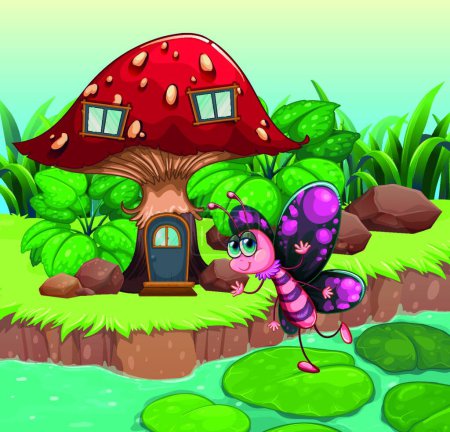 Téléchargez les illustrations : Papillon ondulant près de la maison de champignons rouges, illustration vectorielle conception simple - en licence libre de droit