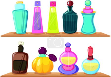 Ilustración de Estantes de madera con diferentes perfumes, ilustración vectorial diseño simple - Imagen libre de derechos
