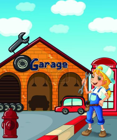 Illustration for Girl in the garage, vector illustration simple design - Royalty Free Image