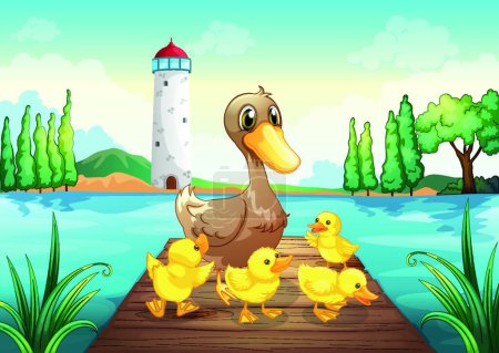 Illustration for Mother duck with four baby ducks in the wooden bridge - Royalty Free Image