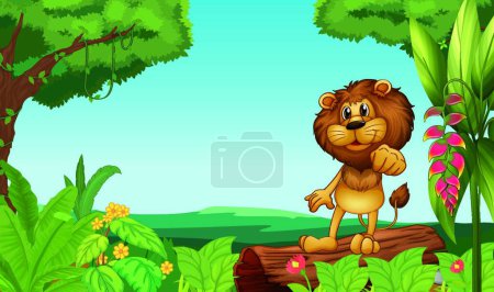 Téléchargez les illustrations : Lion au-dessus d'un tronc dans la jungle, illustration vectorielle design simple - en licence libre de droit