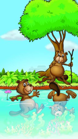 Illustration for Three beavers playing at the river - Royalty Free Image