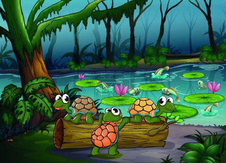 Téléchargez les illustrations : Forêt avec des tortues et des poissons à l'étang - en licence libre de droit