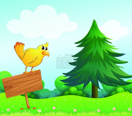 Téléchargez les illustrations : Un oiseau jaune au sommet d'un panneau en bois vide - en licence libre de droit