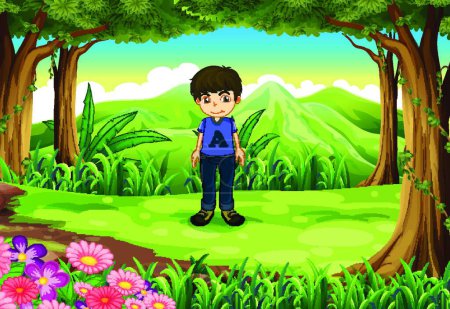 Téléchargez les illustrations : Jeune garçon à la forêt, illustration vectorielle design simple - en licence libre de droit