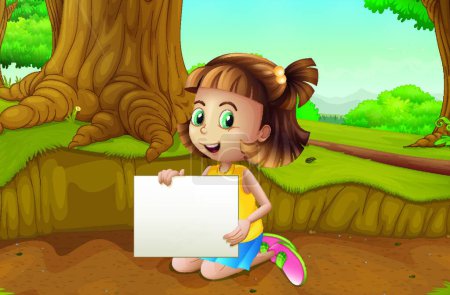 Téléchargez les illustrations : Fille souriante assise au sol tenant une page d'affichage vide - en licence libre de droit