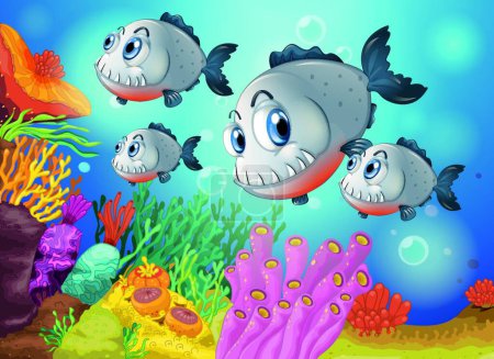 Téléchargez les illustrations : Quatre poissons gris sous la mer, illustration vectorielle design simple - en licence libre de droit