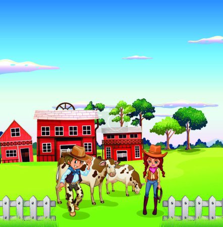 Téléchargez les illustrations : Cow-boy et une cow-girl à la ferme, illustration vectorielle design simple - en licence libre de droit