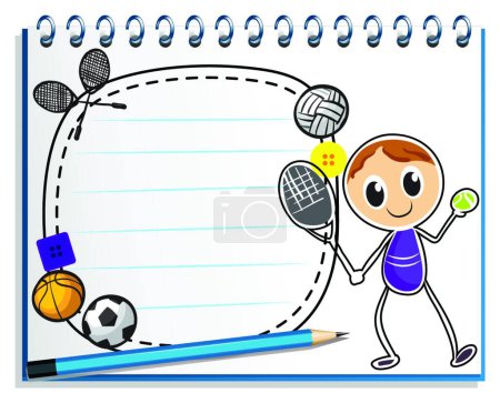 Illustration for Notebook with a drawing of a boy playing tennis - Royalty Free Image