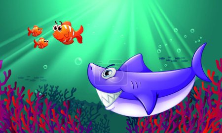 Illustration for A big shark and three nemos under the sea, vector illustration simple design - Royalty Free Image