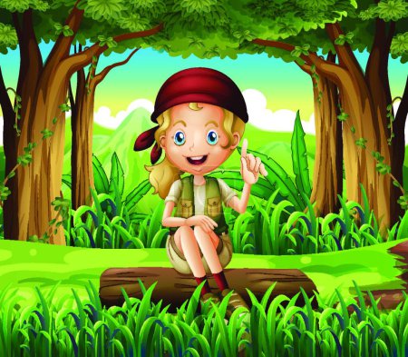 Téléchargez les illustrations : Une forêt avec une jeune fille assise au-dessus d'une bûche, illustration vectorielle design simple - en licence libre de droit
