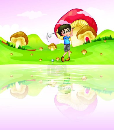 Ilustración de Niño jugando al golf en la orilla del río, vector ilustración diseño simple - Imagen libre de derechos