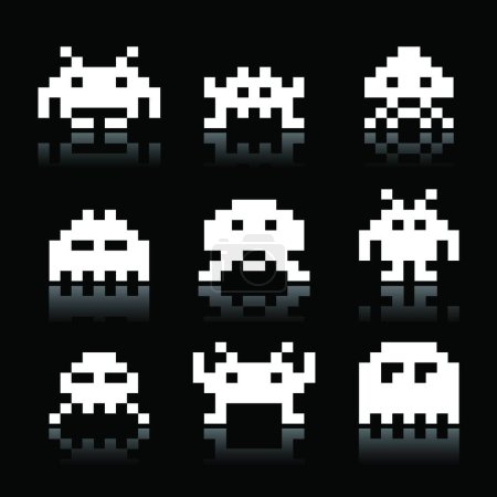 Ilustración de Invasores del espacio, 8 bit extraterrestres iconos en negro blanco - Imagen libre de derechos