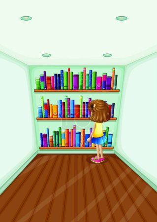 Illustration for A young girl in front of the bookshelves with books - Royalty Free Image