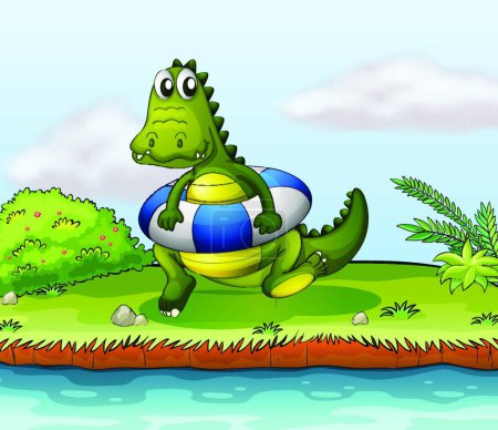 Téléchargez les illustrations : Un crocodile au bord de la rivière avec une bouée, illustration vectorielle design simple - en licence libre de droit