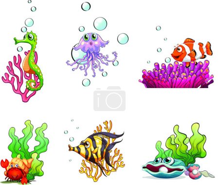 Téléchargez les illustrations : Créatures marines différentes, illustration vectorielle conception simple - en licence libre de droit