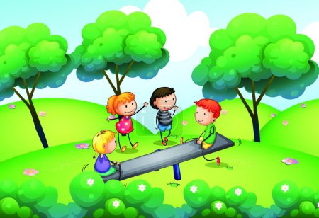Téléchargez les illustrations : Un groupe d'enfants jouant au sommet de la colline, illustration vectorielle design simple - en licence libre de droit