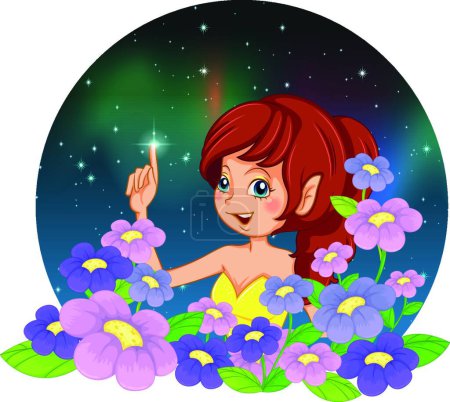 Téléchargez les illustrations : Fille et les fleurs sur les étoiles ciel, illustration vectorielle conception simple - en licence libre de droit